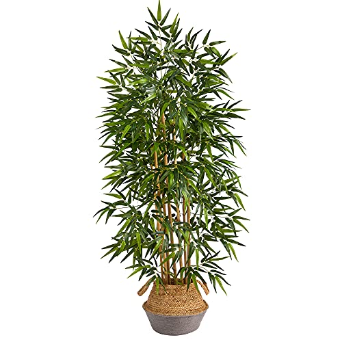 64In. Bamboo Artificial Tree Natural Bamboo Trunks In Boho Chic Handmade Cotton & Jute Gray Woven Planter #TOP13