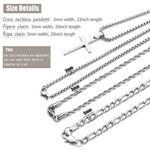 3Pcs Set Cross Necklace for Men, Mens Cross Necklace Cross Chain Layered Stainless Steel Rope Figaro Chains for Women Boys Gold Silver Black (20inch/22inch)4