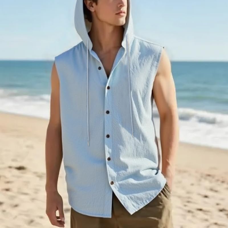 Camisetas sin Mangas con Capucha para Hombre de Lino con Botones Casuales 6