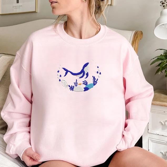Blue Ocean Whale Embroidered Sweatshirt,Whale Embroidery Crewneck, Nature Lover Gift,Unisex2