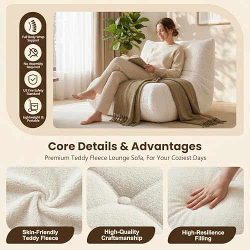 Image of Gazecaia Comfy Bean Bag Chair for Adults Teens | Fireside Floor Lounge Chair, Soft Teddy High-Resilience Memory Foam Bean Bag Couch with Non-Slip Base, for Living Room Bedroom Apartment Office, Beige