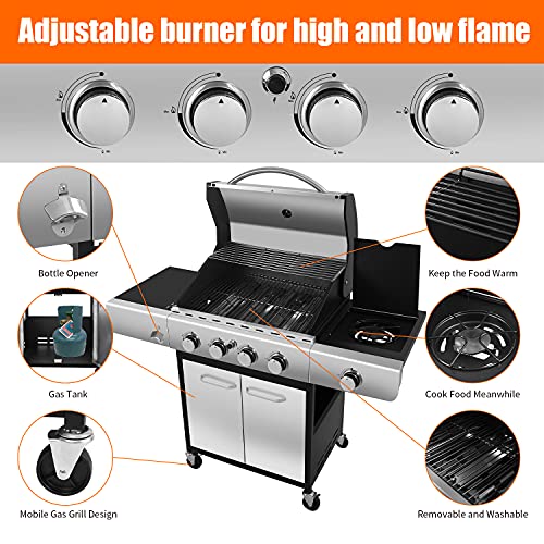 ZAFRO-Portable-Liquid-Propane-BBQ-Gas-Grill-with-4-Burner-42000-BTU-Stainless-Steel-Enamelled-Cooking-Grills-Temperature-Display-Bottle-Opener-Side-Burner-Perfect-for-Camping-Barbecues-Suitable-for-Ou