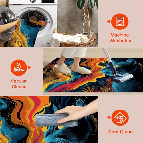 Tapis antidérapant grand format chat abstrait orange lavable 200x300