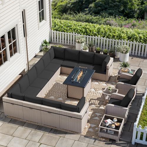 Aukreolis 18 Pieces Patio Furniture Set with Fire Pit Table, Outdoor Sectional Wicker Sofa with Thick Cushions, High Back Swivel Rocker Patio Chairs, Rattan Conversation Set with Coffee Table, Black