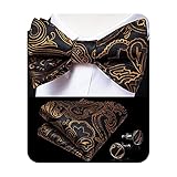 DiBanGu Men's Gold and Black Paisley Bow Tie Pocket Square Cufflink Set Formal Self Bowtie Jacquard