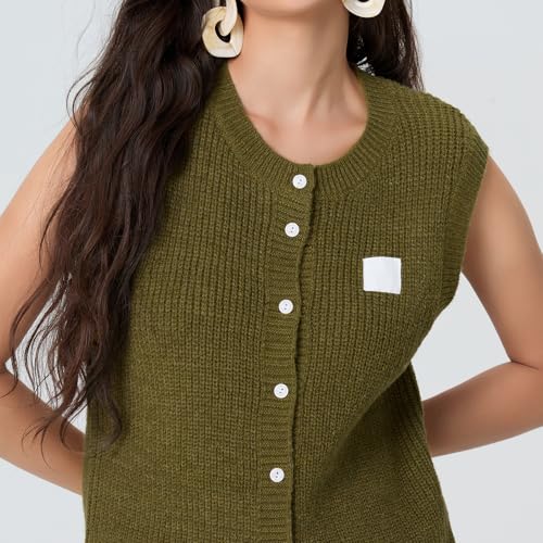 Image of Women Chunky Button Sweater Vest Sleeveless Round Neck Rib Knitted Tank Top Y2k Knitted Cardigan Vest Shirt