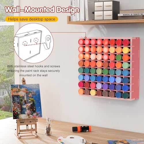 Image of Krafetto 64 Grids Craft Paint Storage Organizer, Wall-mountable Paints Holder, Stackable Paint Bottle Rack Stand for 2oz Craft Paints, Pink