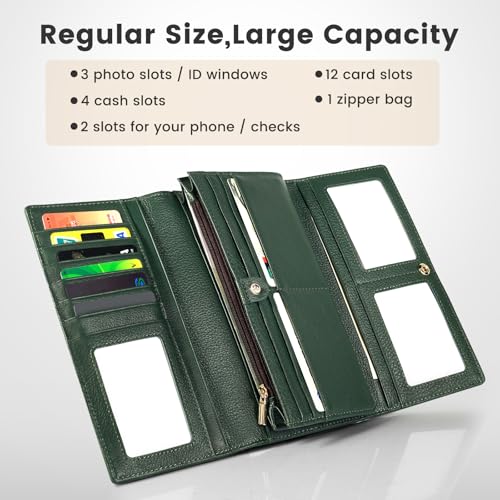 Professional RFID Blocking Wallet for Women - Genuine Leather Work Purse with Phone Pocket, Large Capacity Organizer for Credit Cards, ID, Cash & Office Essentials (Green)2