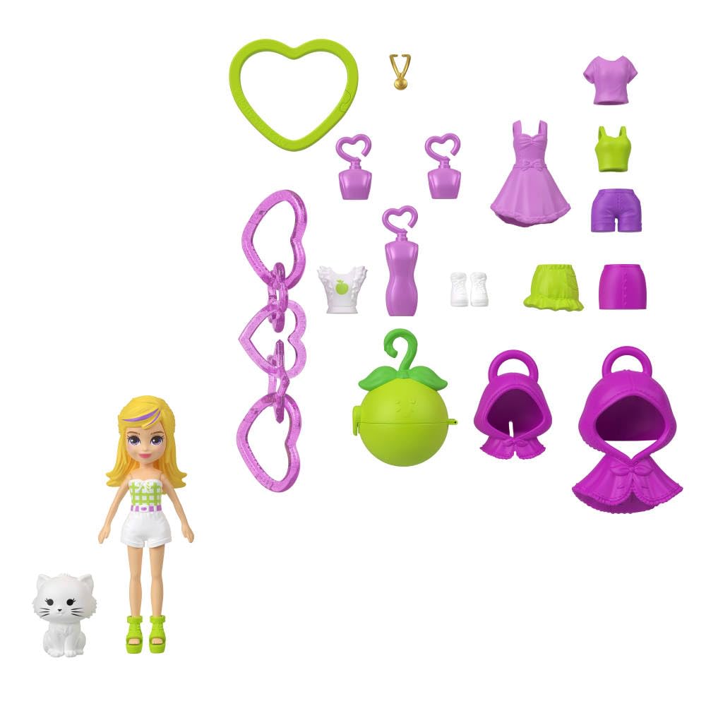 Polly Pocket Dolls & Pets Keyring Playset, Fruit Fashion Accessories and Bag Charm