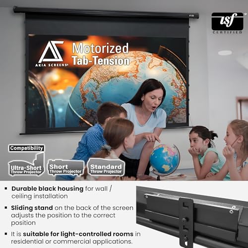 Image of Akia Screens 120 Inch Motorized Tab Tension Projector Screen, 16:9 Retractable Projection Screen, UST, Short & Standard Throw Compatible, 4K Indoor Home Theater Screen, Black Case, AK-ELT120H.