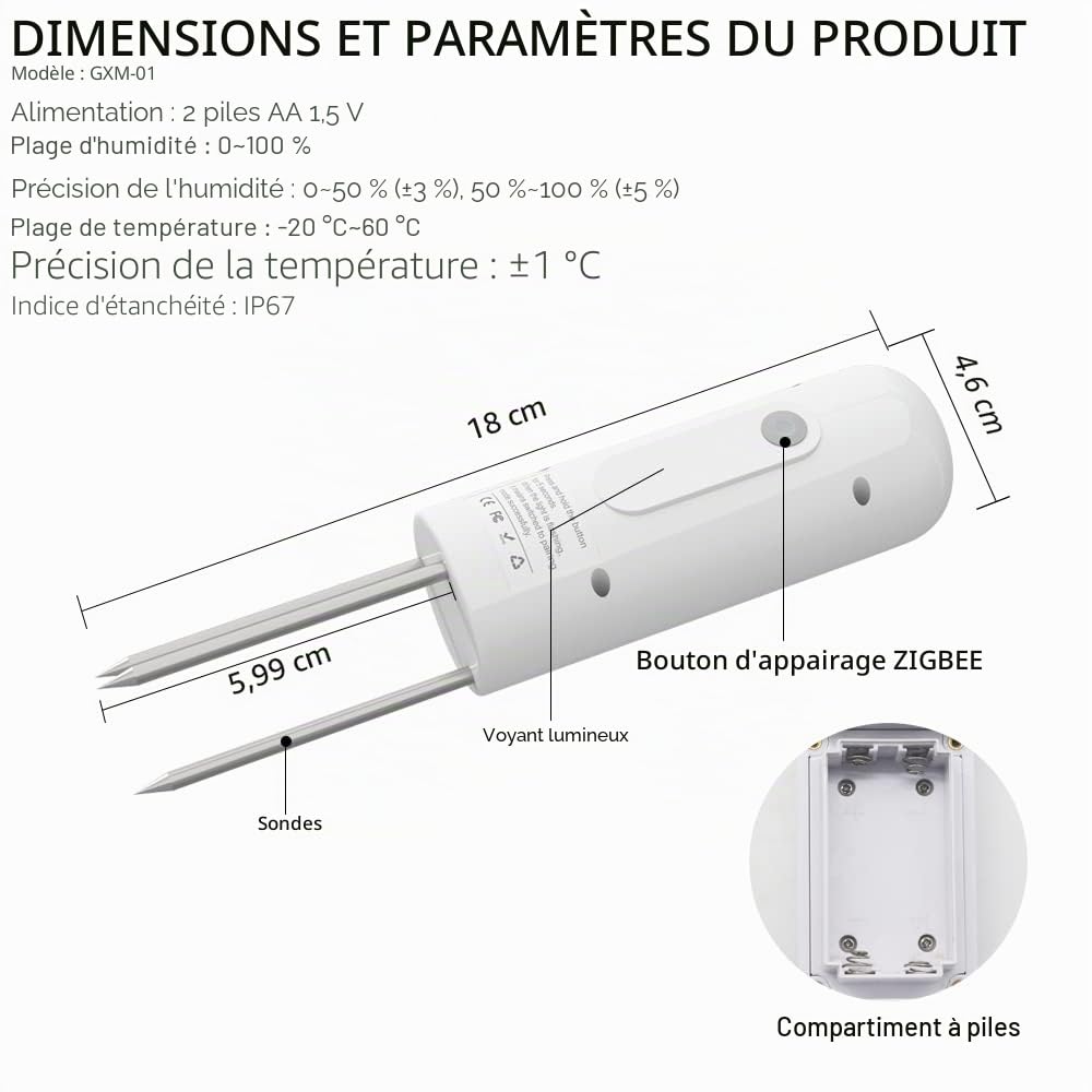 ZIGBEE Testeur d'humidité et de température pour sol de jardin, capteur étanche pour l'extérieur, compatible avec l'application intelligente TUYA