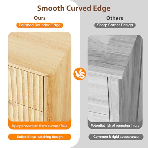 Image of VINGLI Fluted 9 Drawer Dresser for Bedroom, Wood Dresser with Rounded Edges, 57 inch Long Dressers Oak, Natural Wood Color, 57 inch W*15.75 inch D*29.92 inch H