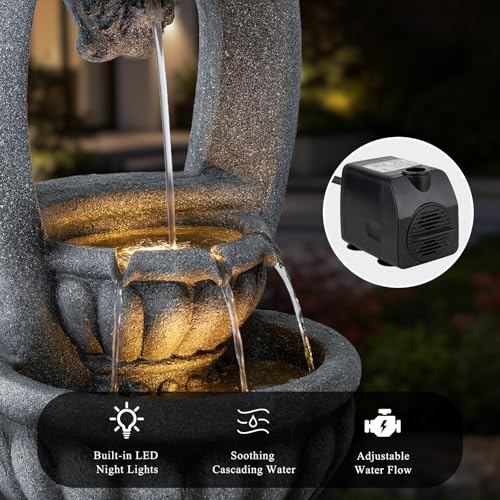 Image of Lion Head 2-Tier Outdoor Water Fountain, Resin & LED, 31.1 in