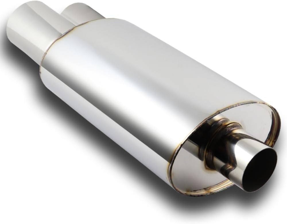 Universal 3" Outlet DTM Dual Tip Style Muffler Hi Flow Stainless Steel Weld-On 2.5" Inlet, Dual Tip Muffler, Deep and Smooth tone (Blue Burnt)