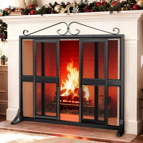 Fireplace Screen with Sliding Doors, 37.8' L x 30.7' W Hand-Forged Iron Fire Place Screens Stand Alone Heavy Duty, Decorative Fireplace Door Gate Cover Guard for Living Room Children and Pet Proofing