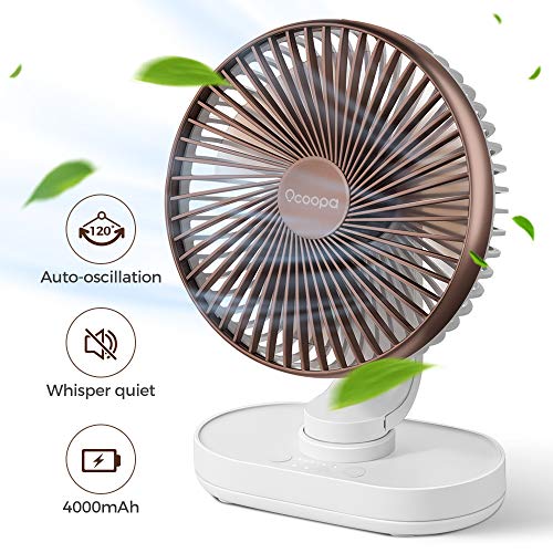 OCOOPA Desk Fan, Auto Oscillating 6.5 Inch Quiet Battery Fan, 4 Speeds Strong Table top Silent Cooling, 4000 mAh Usb Rechargeable Battery Operated for Home, Bed, Office, Brown