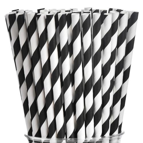 ALINK Black Paper Straws - 100 pcs Biodegradable Black and White Striped Drinking Straws for Party Decorations Weddings Birthdays Baby Showers Events and Crafts Compostable Straws 7.75 x 0.24