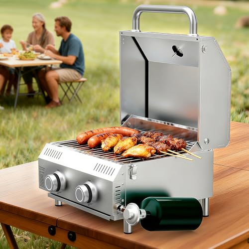 Image of Bestfire Tabletop Propane Gas Grill 2 Burners- Dual Connections, 20,000 BTUs Stainless Steel Portable Grill Fits Large Gas Cylinders and Small Canisters for Outdoor Camping and RV Trips