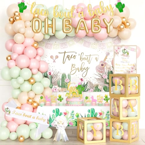 Hombae Taco Bout A Baby Decorations Mexican Baby Shower Decorations Pastel Fiesta Themed Backdrop Balloon Banner Boxes Poster Sash Pin for Taco Cactus Party Supplies