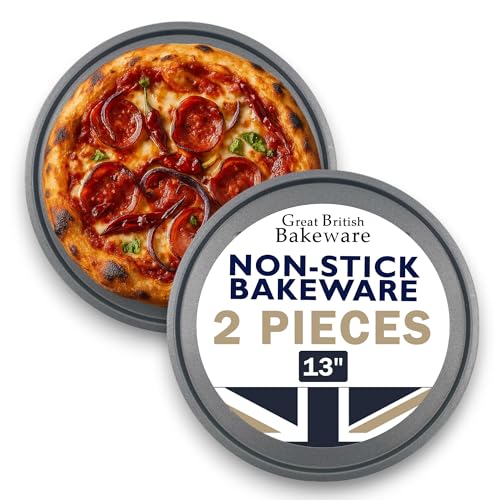 Samuel Groves Pack of 2 Pizza Pan, Pizza Tray, Large 13 Inch (33cm) Non Stick Coating Oven Round Crisper, Pizza Baking Tray, Pizza Trays for Oven Non Stick Made in England