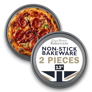Samuel Groves Pack of 2 Pizza Pan, Pizza Tray, Large 13 Inch (33cm) Non Stick Coating Oven Round Crisper, Pizza Baking Tray, Pizza Trays for Oven Non Stick Made in England