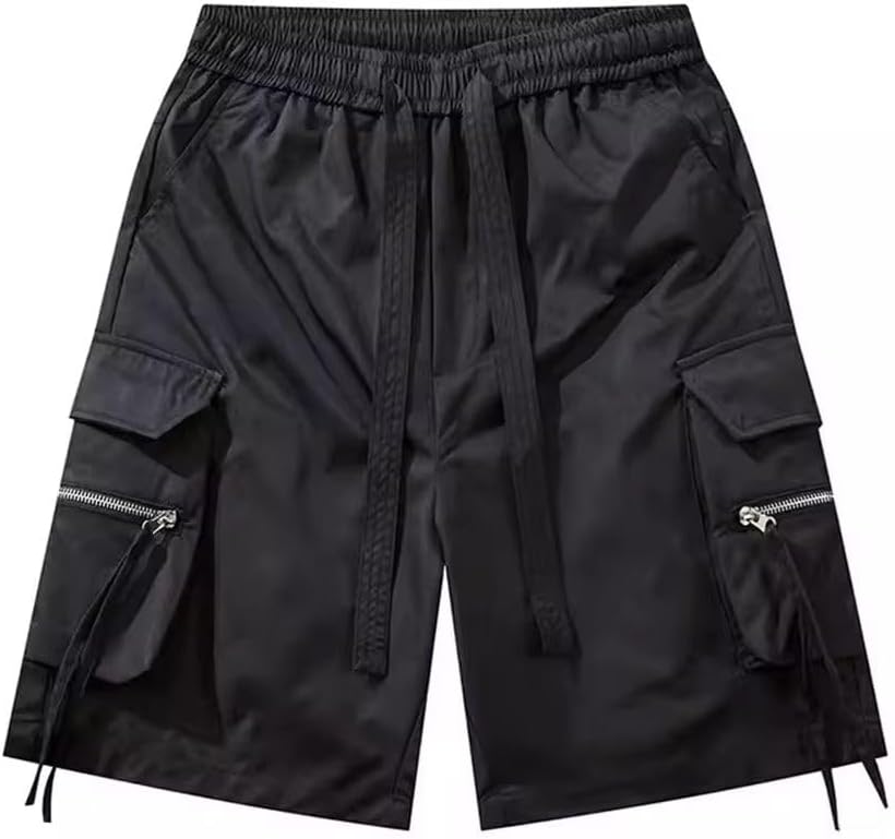 Black Summer Tactical Shorts Multi Pocket Loose Fit Elastic Waist Streetwear