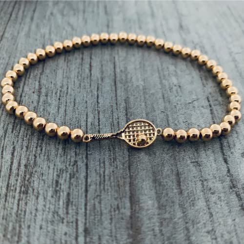 Sportybella Tennis Racket Charm Gold Bead Layered Bracelets for Women,18K Gold Plated Beaded Ball Chain Bracelets for Women, Teens, Girls Stackable Stretch Elastic Gold Bracelets3