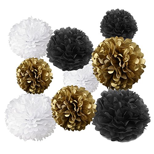 Tissue Hanging Paper Pom-poms Flower Ball Wedding Party Outdoor Decoration Tissue Paper Pom Pom Flowers Craft Kit (Gold & Black & White)
