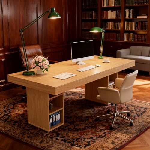 GarveeHome 71-Inch Rectangular Dining Table with Storage, Large Dining Table for 6-8 w/Large Tabletop & Sturdy Frame, Wooden Kitchen Table with Double Pedestal, for Dining Room, Office, Oak