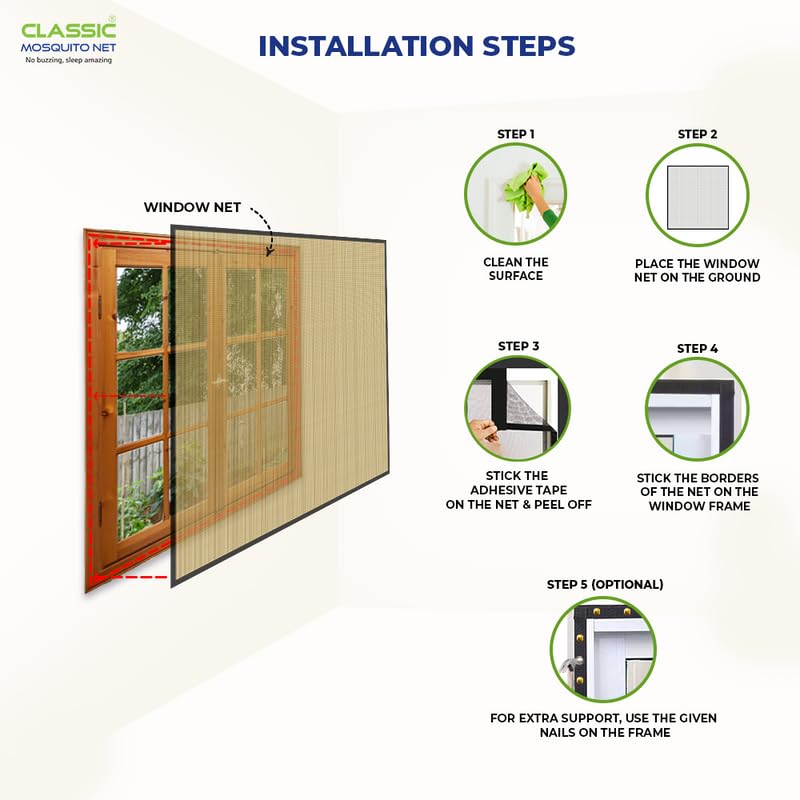 Image of Mosquito Net for Windows Pre-Stitched (Size:80cmX90cm, Color: Brown) Premium 120GSM Strong Fiberglass Net with Self Adhesive Hook Tape