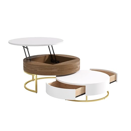 homary Lift-top Wood Coffee Table Set of 2, Round Nesting Coffee Table with Rotatable Drawers for Living Room, Office (White_Walnut)