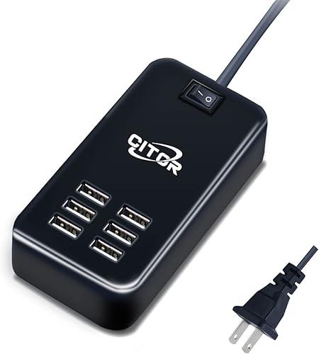 Cargador USB multipuerto, estación de carga USB de 6 puertos para múltiples dispositivos, teléfono, tableta, regleta de alimentación con interruptor