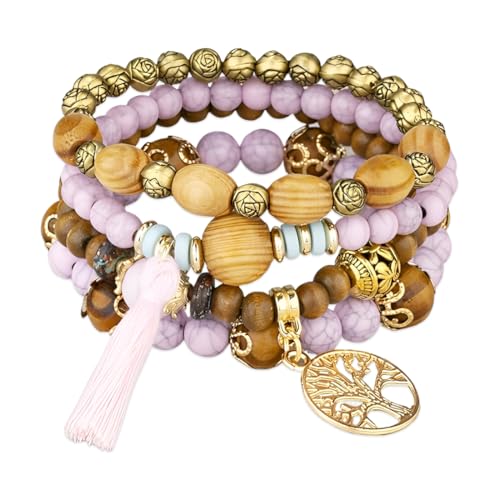 NOPKESV 4 Stück Boho Holzperlen Armband, Boho Armbänder mit Holzperlen und Quaste, Frauen Baum des Lebens Charm Statement Armreifen, Geschenke für Frauen, Armband Geschenk