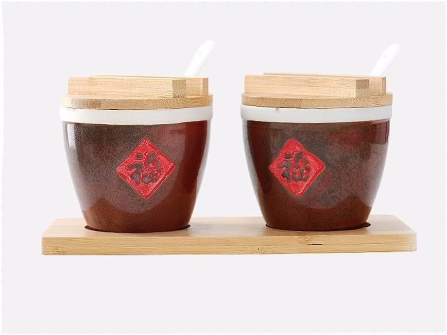 Ceramic Condiment Jar with Chinese Retro Word Fu Small Sauce Pot Seasoning Pot Kitchen Chilli Seasoning Pot Salt Pot with Lid e