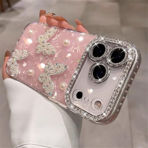 Coque iPhone 15 paillettes rose avec motif objectif papillon