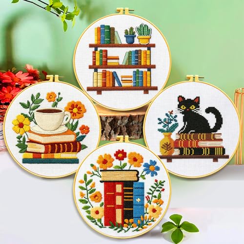 Image of Zhenqing 4 Themes Cross Stitch Kit Set - 11CT 9.45x9.45Inch, Coffee /Books /Cats /Floral Designs, DIY Embroidery Kit with Full Tools (Hoops, Scissors, Tassels) & Guide, Cozy Home Decor Gift(69601)