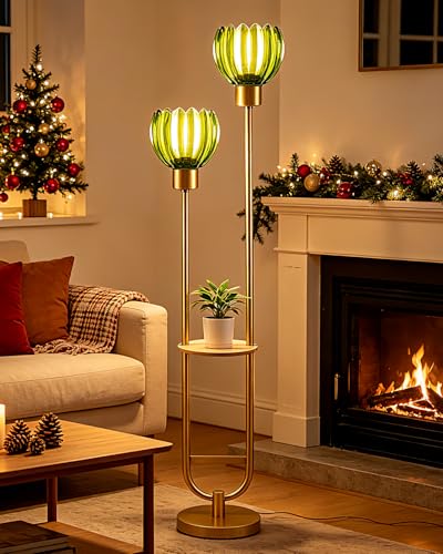 Image of Lightdot Glass Floor Lamp with Table 2-Lights Modern Gold Standing Tall Lamps with Green Lotus Glass Shade,LED Floor Lamp with Foot Switch for Living Room Bedroom Home Office (Bulbs Included)