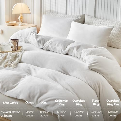 Image of WARMDERN White Velvet Duvet Cover Set Super King Size, Luxury Milk Velvet Bedding Duvet Cover with Zipper Closure, 3pcs Ultra Soft Duvet Covers for All Seasons, 120 inch x 120 inch, White
