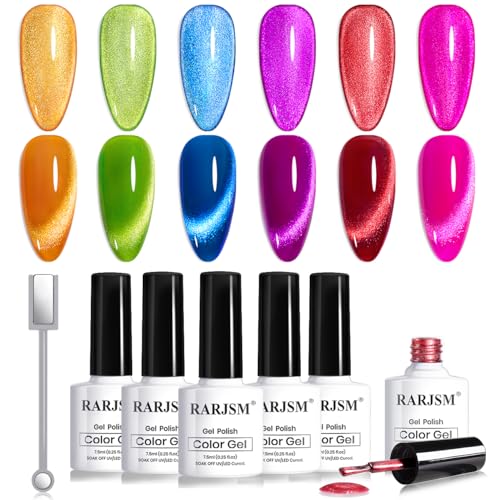 RARJSM Cat Eye Gel Nail Polish Set 6 Neon Colors Velvet Silver Glitter Purple Blue Bright Orange Red Green Rose 9D Ice Gel Polish with Magnet Stick UV LED Curing Requires Soak Off Home Salon Manicure