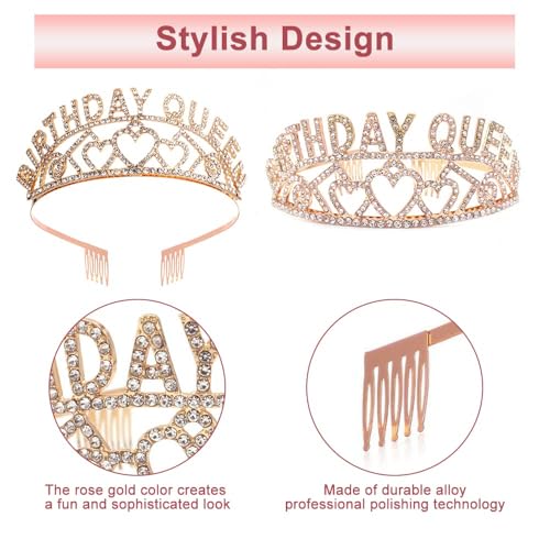 DENUOTOP Damen Geburtstagskrone Schärpe Geburtstag Kristall Tiara Krone Frauen Party Accessoires Dekorations Set für Geburtstag Mädchen Erwachsene Kinder (Gold)
