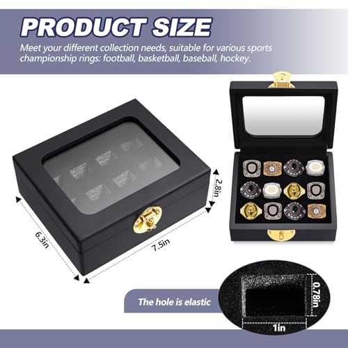 Equsion Championship Ring Display Case 12 Slots Baseball Ring Holder Box for Single Replica Baseball Softball Football Sports Souvenirs Storage Organizer Wooden Box by Equsion - Image 2