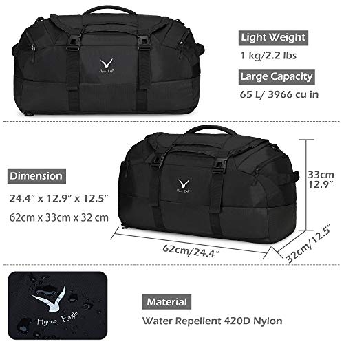Hynes Eagle 65L Duffel Backpack Bag Gym Bag Travel Backpack, Black