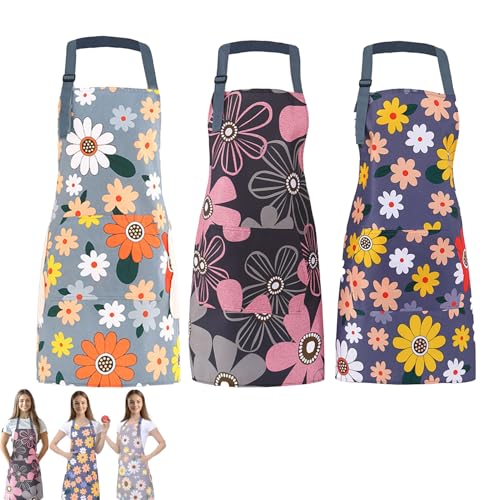 Lethiemta 3 PCS Kitchen Aprons for Women, Waterproof Adjustable Floral Aprons Cooking Aprons with Pockets Personalised Kitchen Aprons for Cooking, Baking, Gardening, Housework, BBQ, Painting