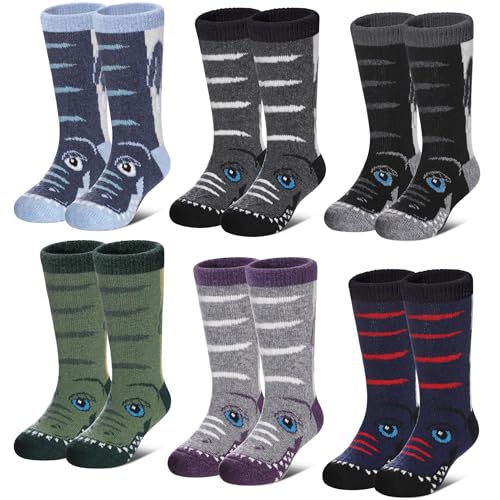 LANLEO Kids Wool Socks For Toddlers Boys Girls Hiking Winter Warm Cozy Thick Heavy Thermal Crew Boot Socks 6 Pairs Dinosaur C, 8-12 Year Old