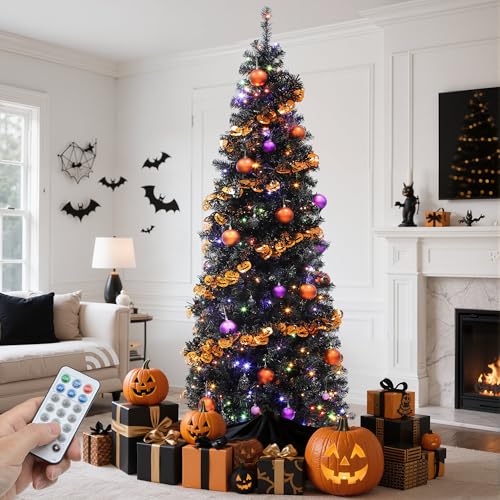 GOOBED Prelit Black Pencil Christmas Tree 6 FT, Slim Fraser Fir Halloween Christmas Tree with Remote for Compact Apartment, Xmas Tree w/Dual Color 200 Lights & 700 Branch Tips for Home Office Holiday