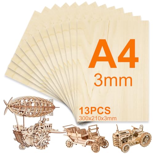 TOSUTO 13 Piezas Madera Contrachapada 3mm,Madera de Balsa Fina 30 x 21 cm,Tablero Contrachapado de Tilo A4,Sin Terminar Tablero Madera para Corte por Laser,CNC Router,Modelado,Calado,Manualidades