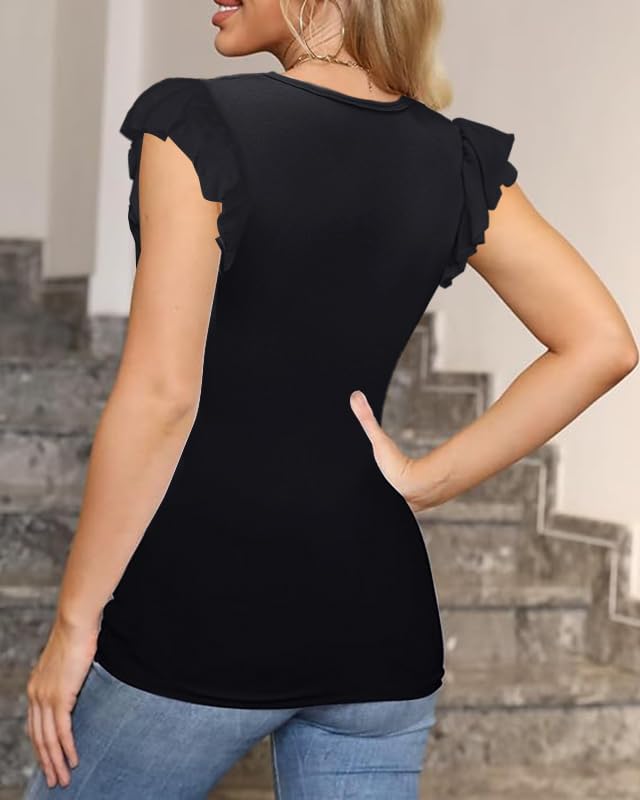 Women's Short Ruffle Sleeve V Neck Summer Tees Casual Ribbed Tshirt Solid T-Shirts Sexy Slim Fitted Tops Blouses - Image 3