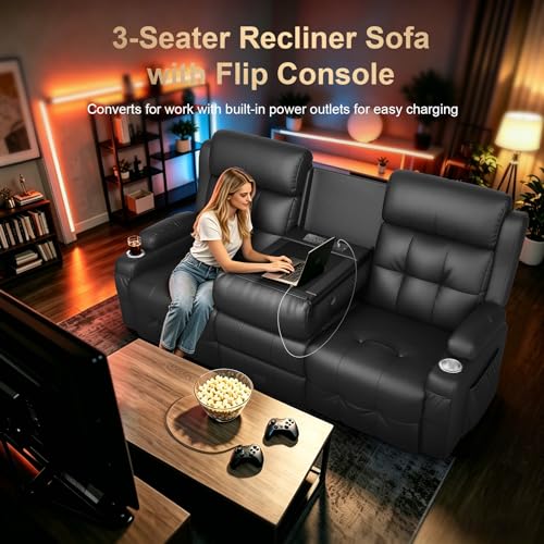 Image of Home Theater Seating, 3 Seat Power Recliner Sofa with Massage & Heat, Wall Hugger Reclining Loveseat with USB, RV Couch with LED Lights, Flip Backrest, Cup Holders for Movie Theater & Gaming Room