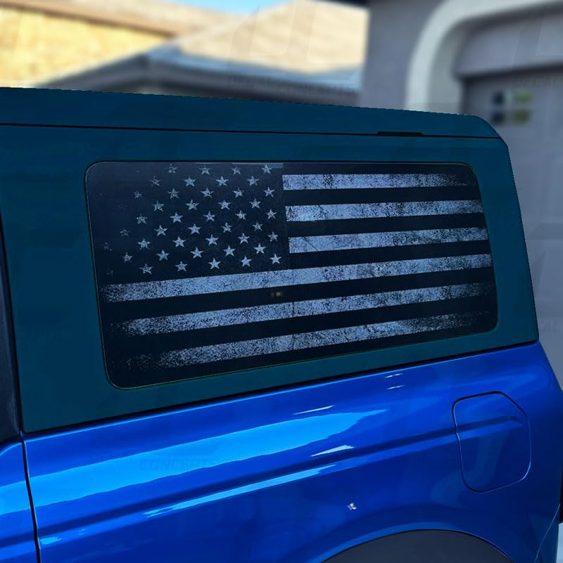 Decal Concepts American Flag Rear Side Window See Through Accent Decal (Fits Bronco 2 Door 2021-2024) (Black & White Distressed)