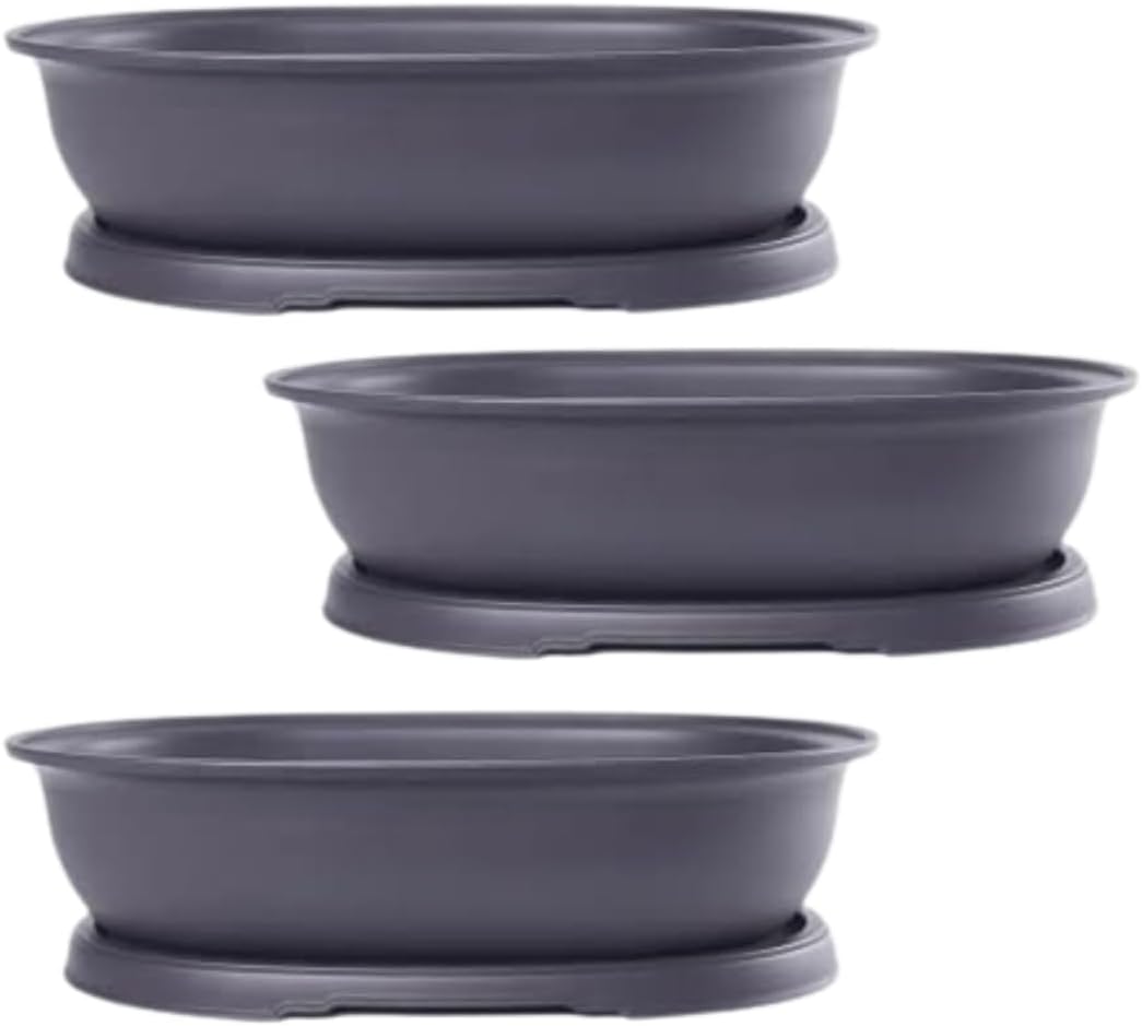 CZ Grain 14 Inch Oval Bonsai Pots and Drip Tray - Heavy Duty Display (3 Pots) - Ideal for Indoor or Outdoor Bonsai - Large Display Planters - Plants, Bonsai, Herbs